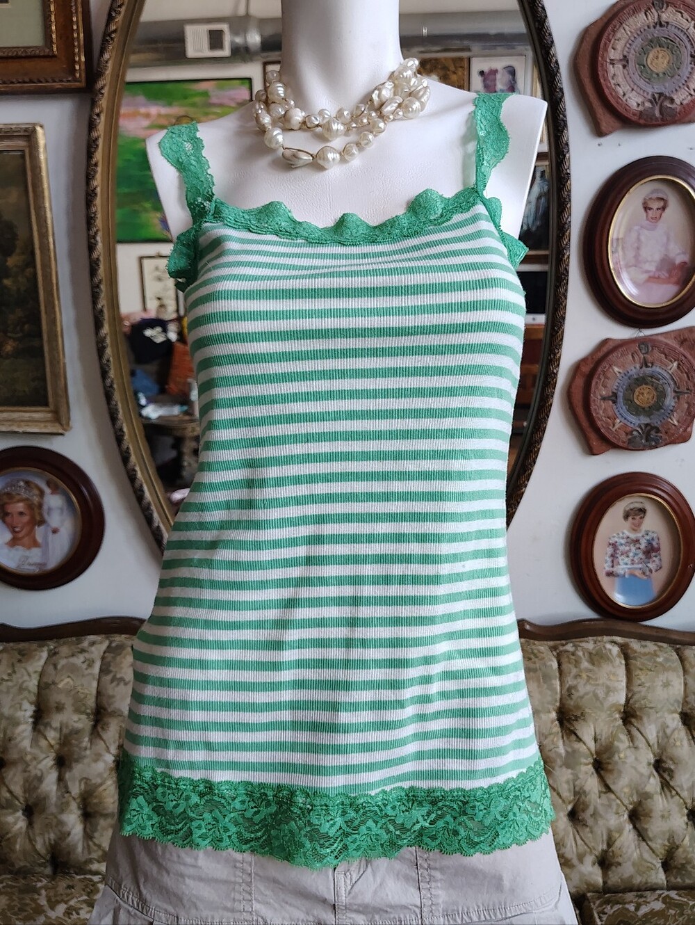 Vintage Y2k Green White Striped Lace Trim Cami Tank Top Sz Small 5-7-9 Rib-knit